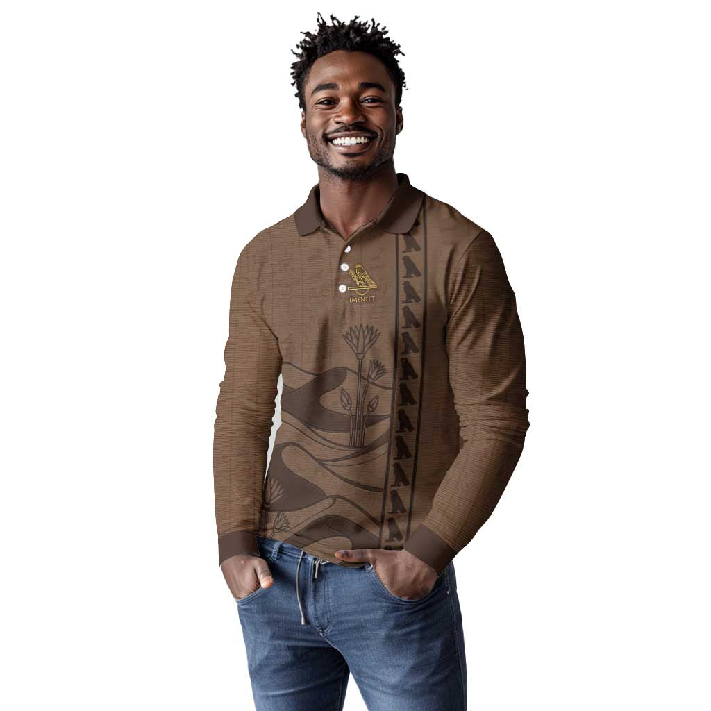 Imenet Sunlit Temple Columns Long Sleeve Polo Shirt with Ancient Egyptian Offering Scene