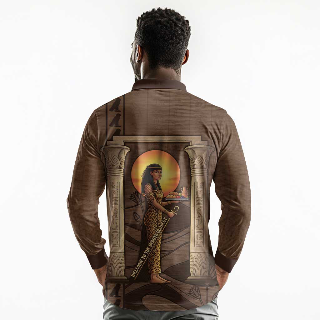 Imenet Sunlit Temple Columns Long Sleeve Polo Shirt with Ancient Egyptian Offering Scene
