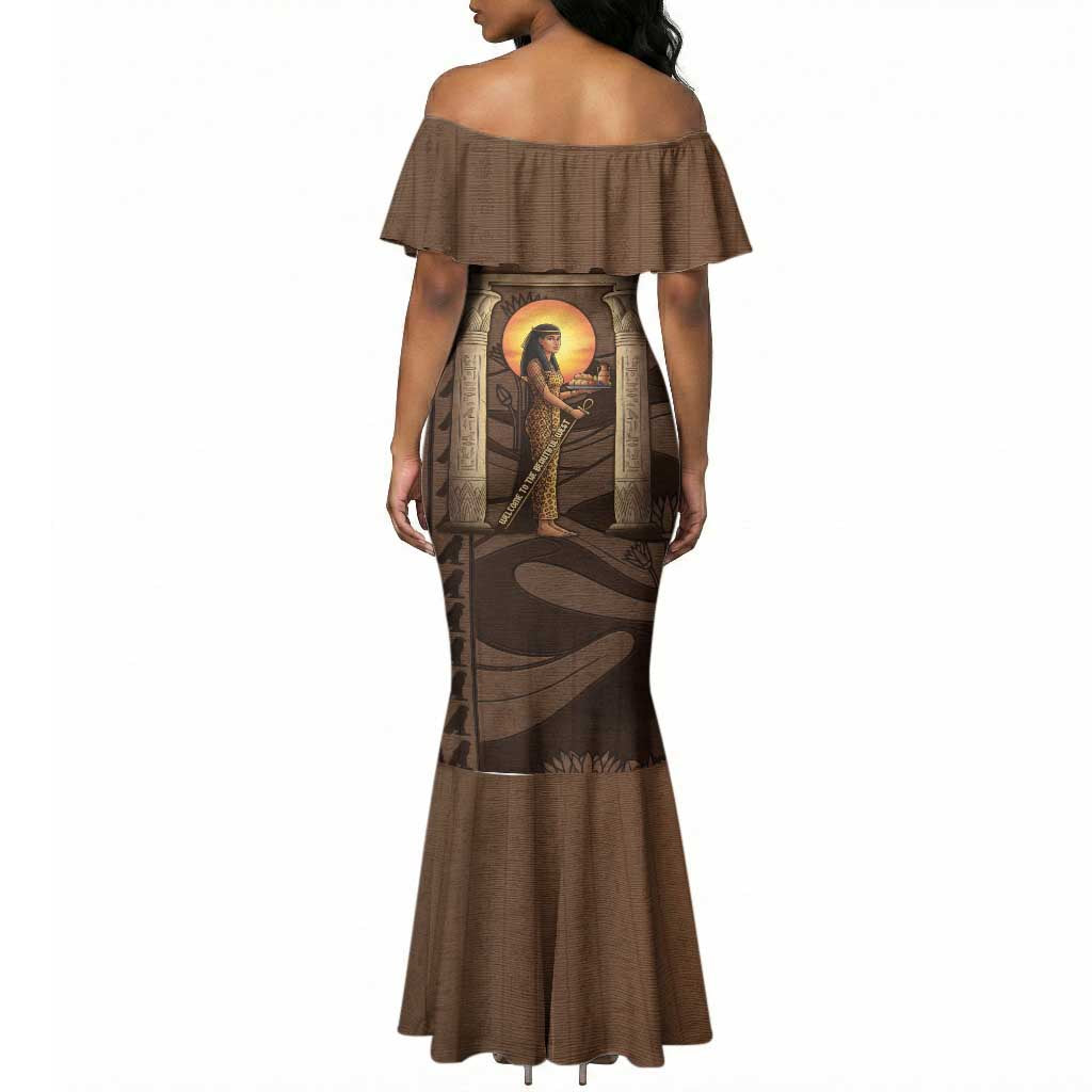 Imenet Sunlit Temple Columns Mermaid Dress with Ancient Egyptian Offering Scene