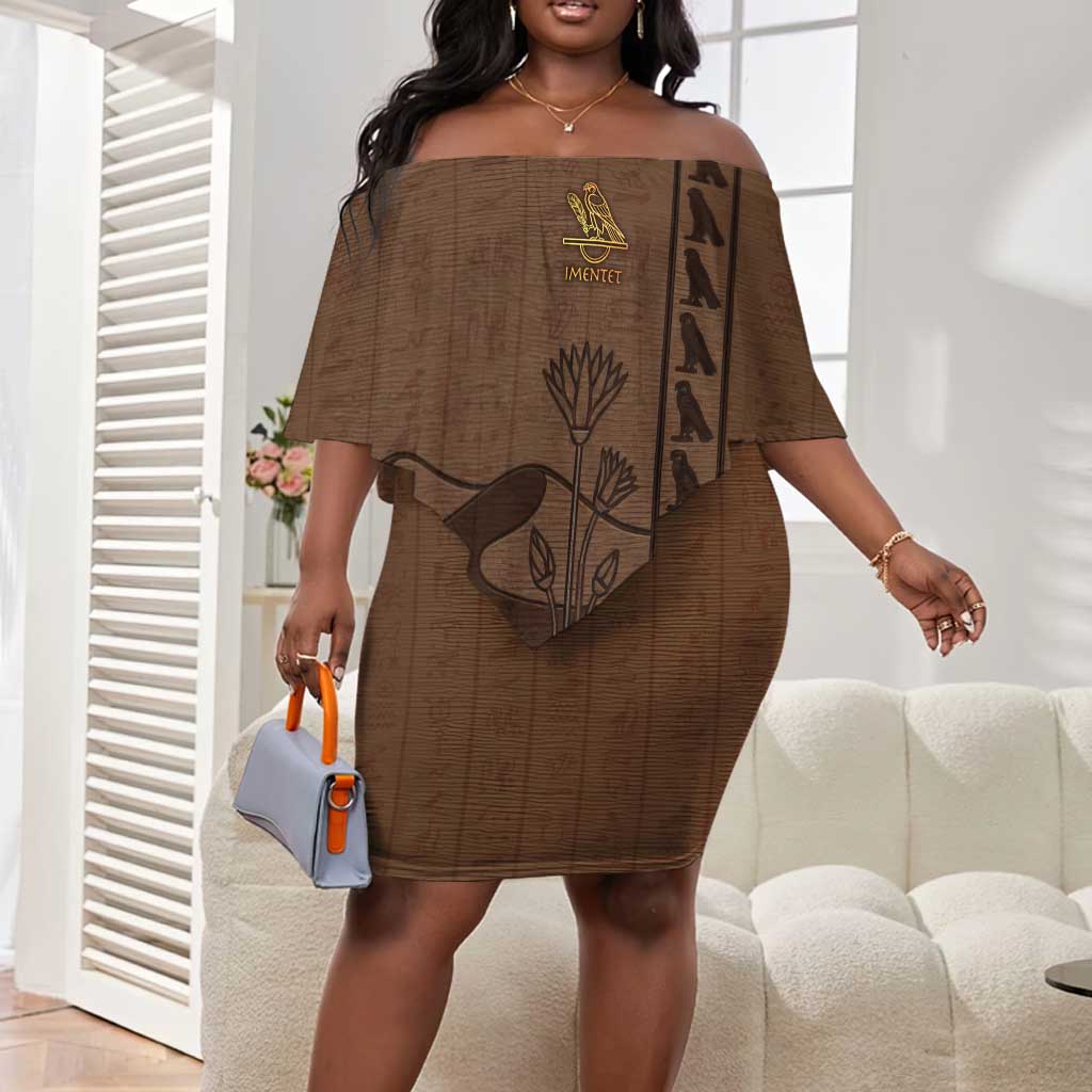 Imenet Sunlit Temple Columns Off Shoulder Short Dress with Ancient Egyptian Offering Scene
