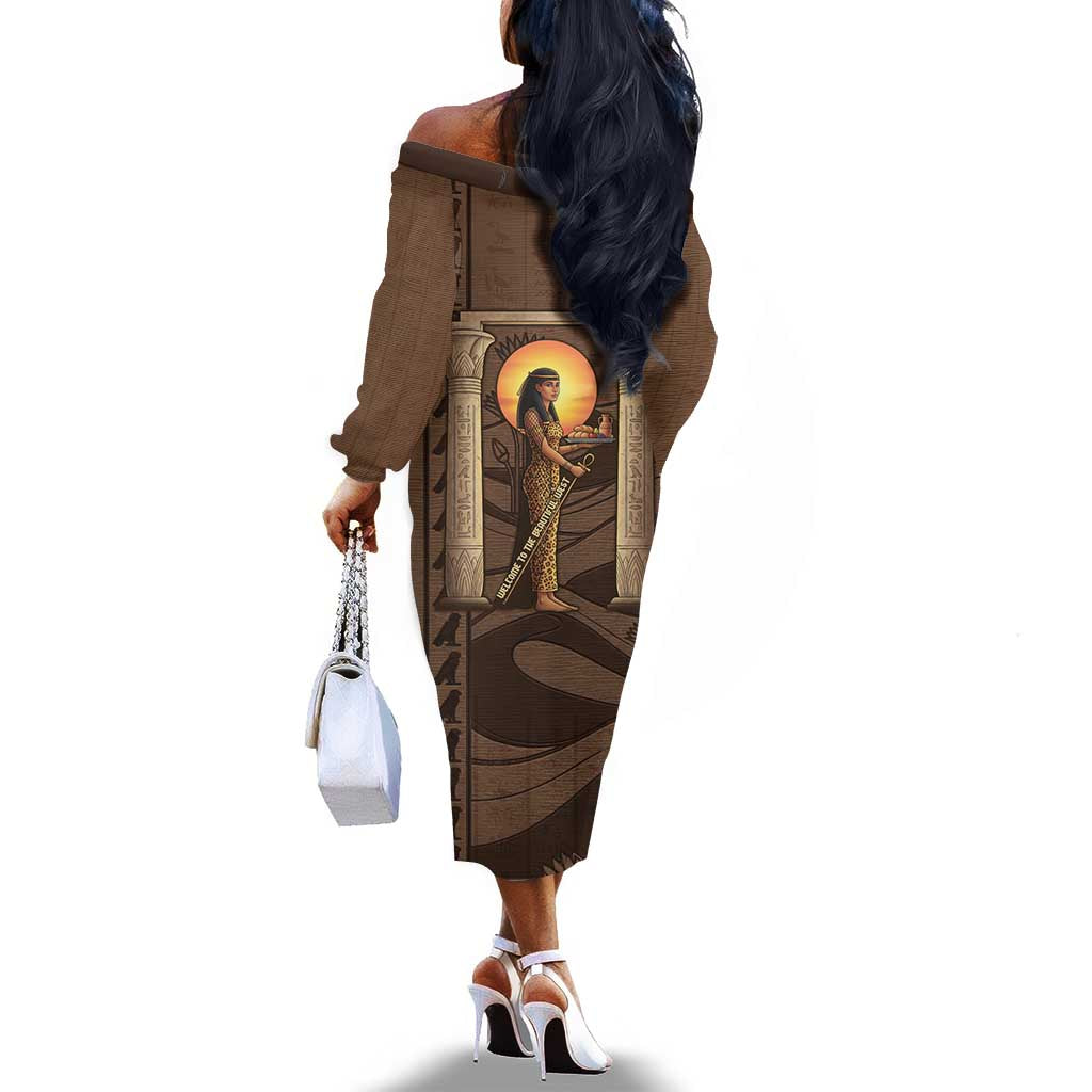 Imenet Sunlit Temple Columns Off The Shoulder Long Sleeve Dress with Ancient Egyptian Offering Scene