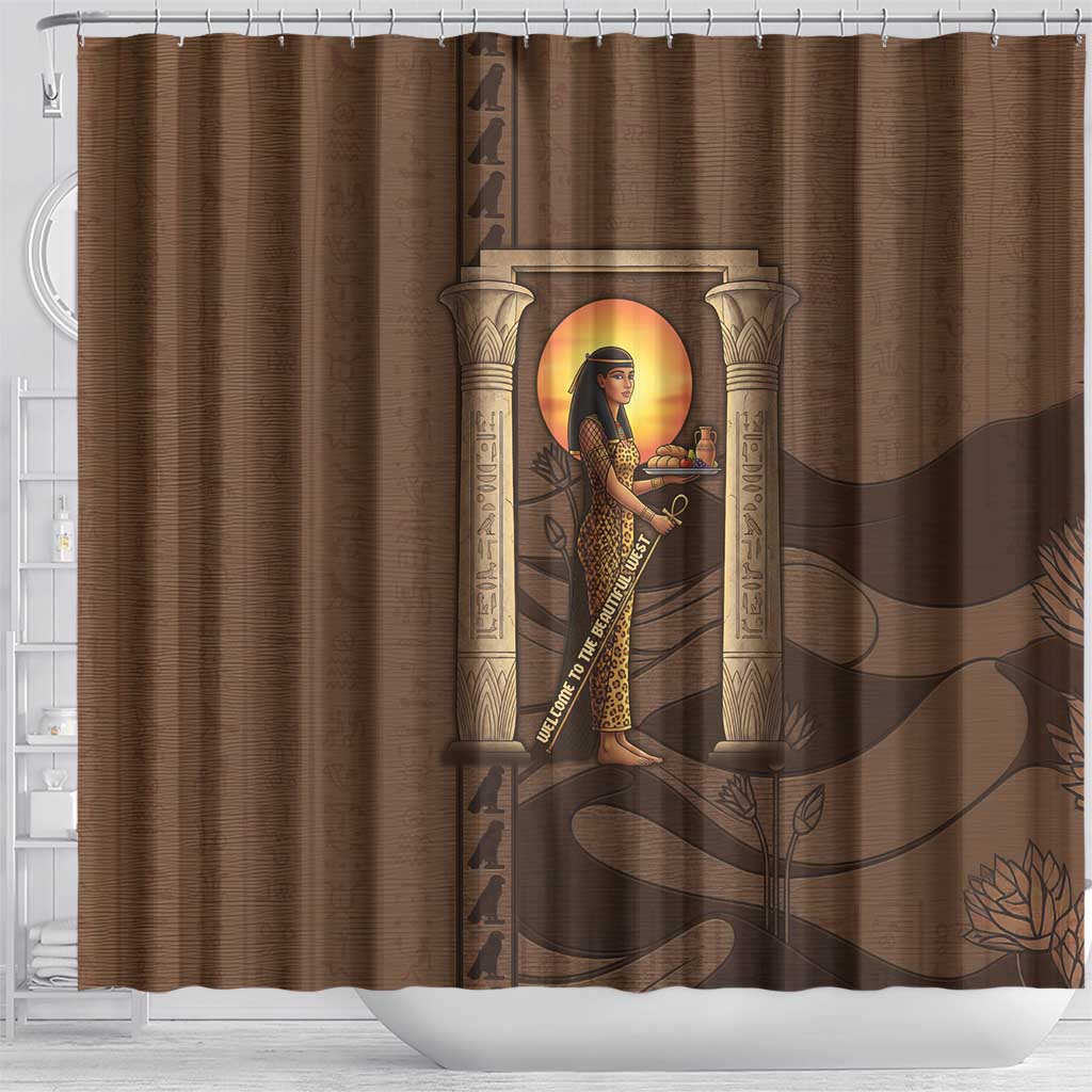 Imenet Sunlit Temple Columns Shower Curtain with Ancient Egyptian Offering Scene