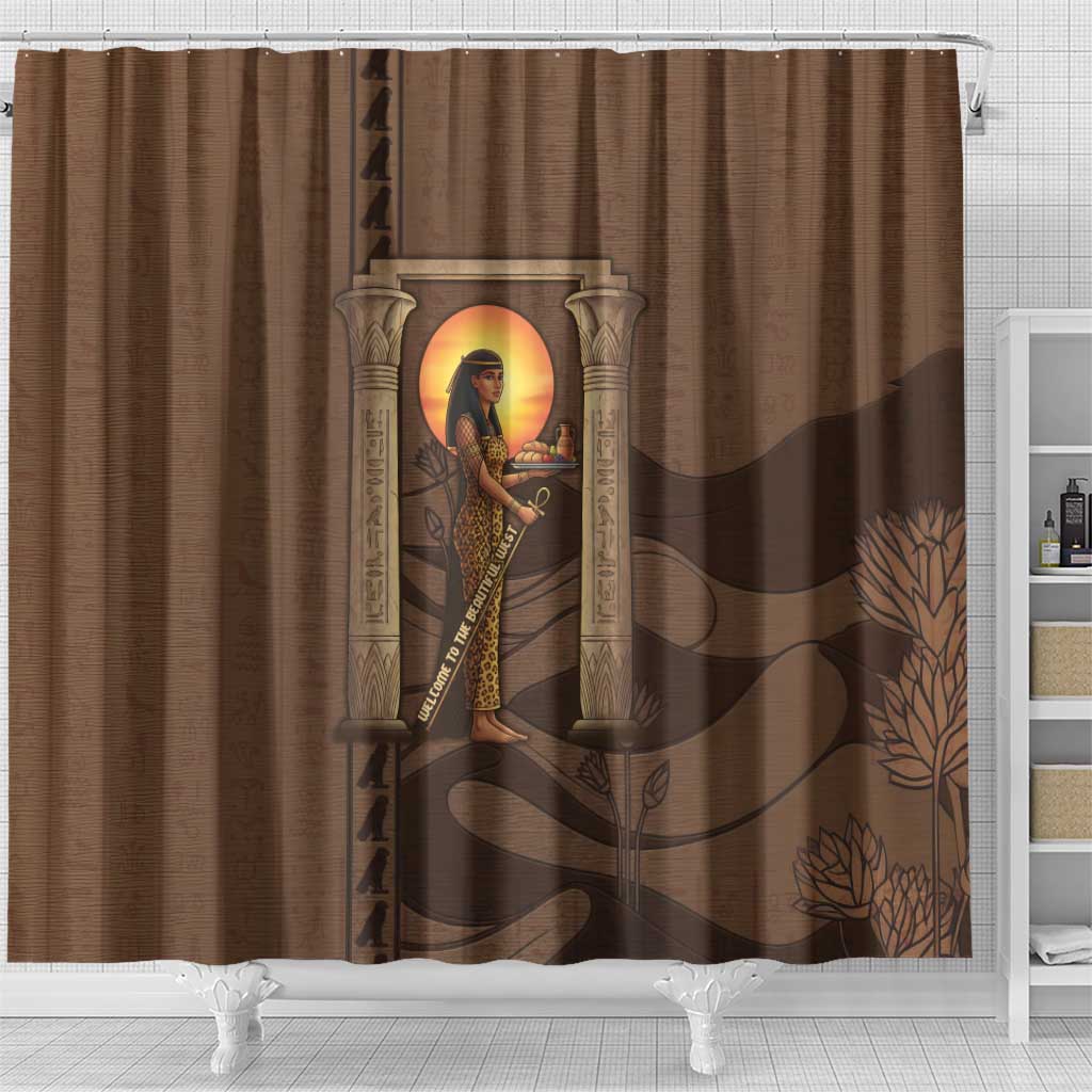 Imenet Sunlit Temple Columns Shower Curtain with Ancient Egyptian Offering Scene