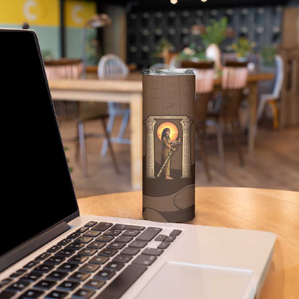 Imenet Sunlit Temple Columns Skinny Tumbler with Ancient Egyptian Offering Scene