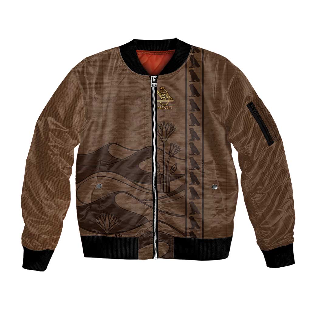 Imenet Sunlit Temple Columns Sleeve Zip Bomber Jacket with Ancient Egyptian Offering Scene