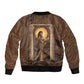 Imenet Sunlit Temple Columns Sleeve Zip Bomber Jacket with Ancient Egyptian Offering Scene