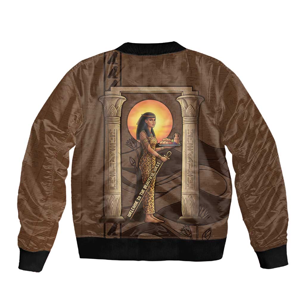 Imenet Sunlit Temple Columns Sleeve Zip Bomber Jacket with Ancient Egyptian Offering Scene