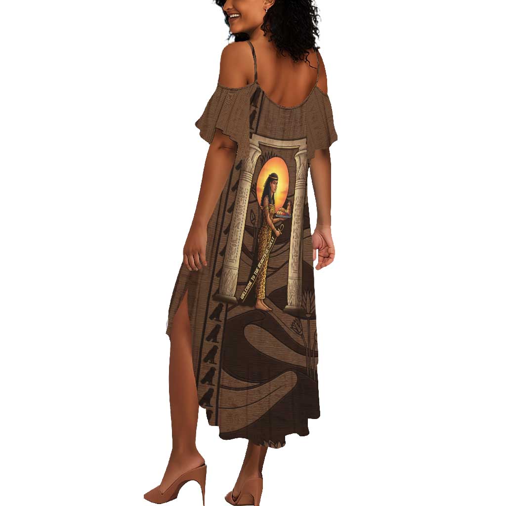 Imenet Sunlit Temple Columns Summer Maxi Dress with Ancient Egyptian Offering Scene