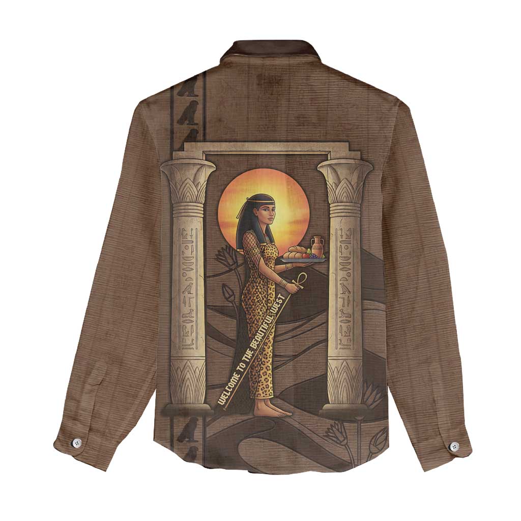 Imenet Sunlit Temple Columns Women Casual Shirt with Ancient Egyptian Offering Scene