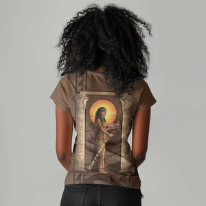 Imenet Sunlit Temple Columns Women V-Neck T-Shirt with Ancient Egyptian Offering Scene
