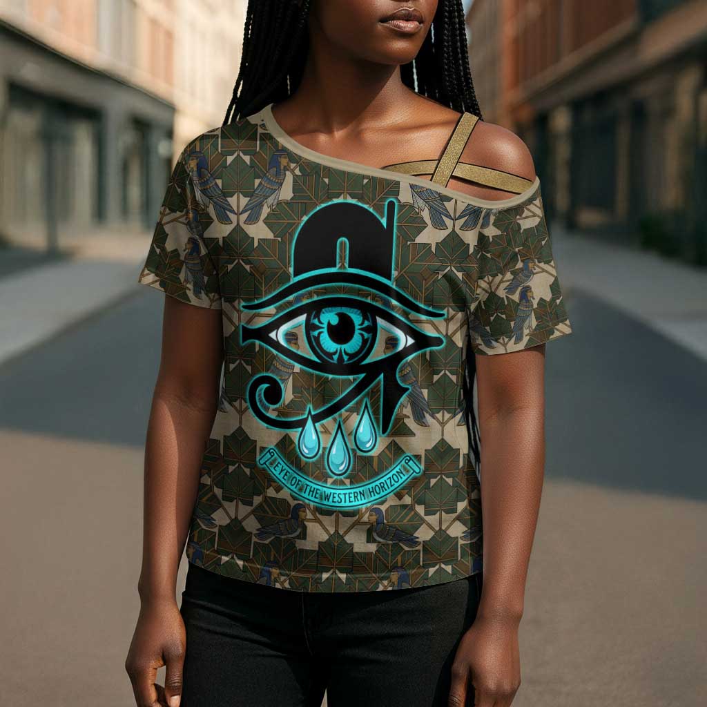 Imentet Egyptian Cross Shoulder Shirt with Eye of Horus and Eternal Tree in Afterlife