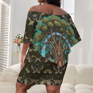 Imentet Egyptian Off Shoulder Short Dress with Eye of Horus and Eternal Tree in Afterlife