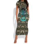 Imentet Egyptian Short Sleeve Bodycon Dress with Eye of Horus and Eternal Tree in Afterlife