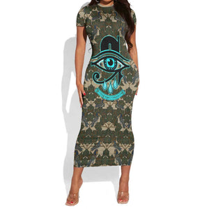 Imentet Egyptian Short Sleeve Bodycon Dress with Eye of Horus and Eternal Tree in Afterlife