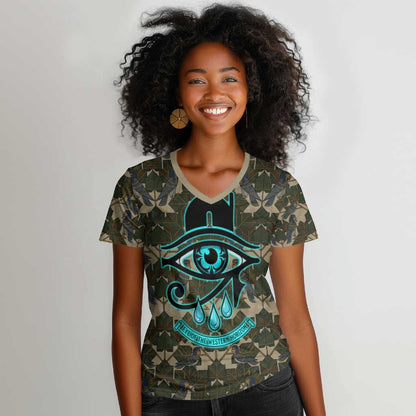 Imentet Egyptian Women V-Neck T-Shirt with Eye of Horus and Eternal Tree in Afterlife