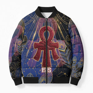 Isis Ankh Symbol Bomber Puffer Jacket with Celestial Wings in Ancient Egyptian Cosmic