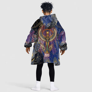 Isis Ankh Symbol Kid Wearable Blanket Hoodie with Celestial Wings in Ancient Egyptian Cosmic