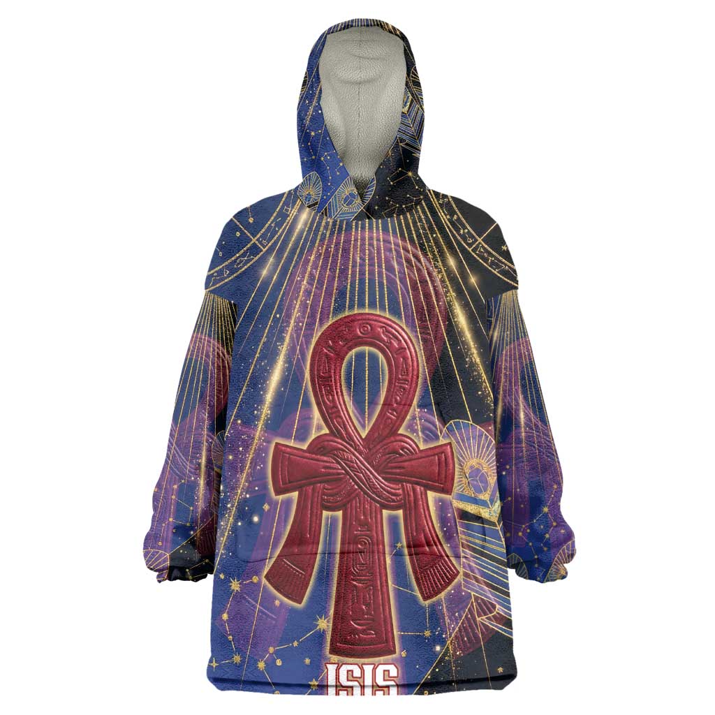 Isis Ankh Symbol Kid Wearable Blanket Hoodie with Celestial Wings in Ancient Egyptian Cosmic