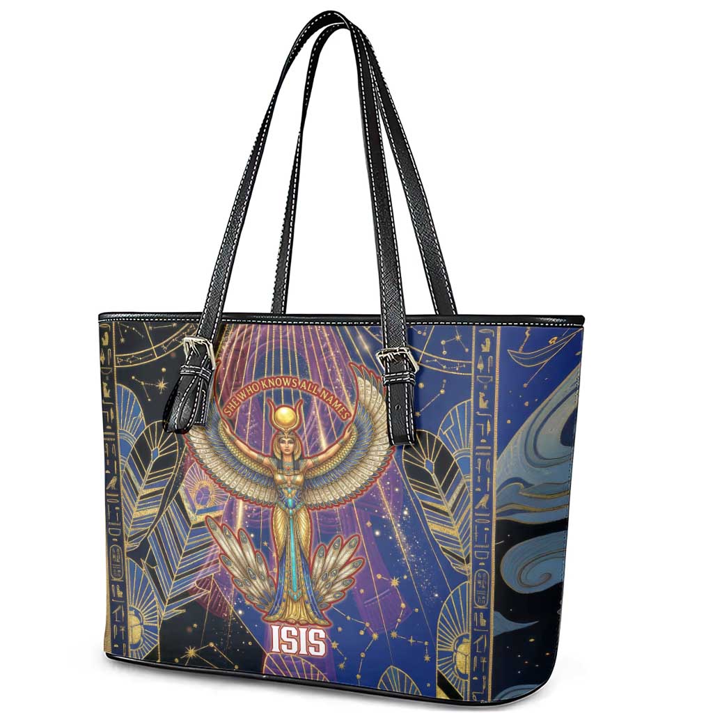 Isis Ankh Symbol Leather Tote Bag with Celestial Wings in Ancient Egyptian Cosmic