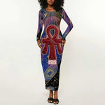 Isis Ankh Symbol Long Sleeve Bodycon Dress with Celestial Wings in Ancient Egyptian Cosmic