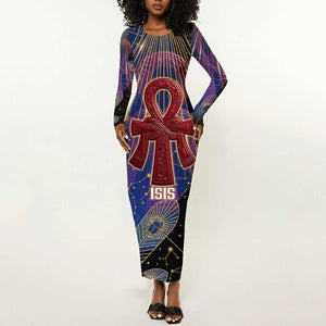 Isis Ankh Symbol Long Sleeve Bodycon Dress with Celestial Wings in Ancient Egyptian Cosmic