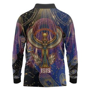 Isis Ankh Symbol Long Sleeve Polo Shirt with Celestial Wings in Ancient Egyptian Cosmic