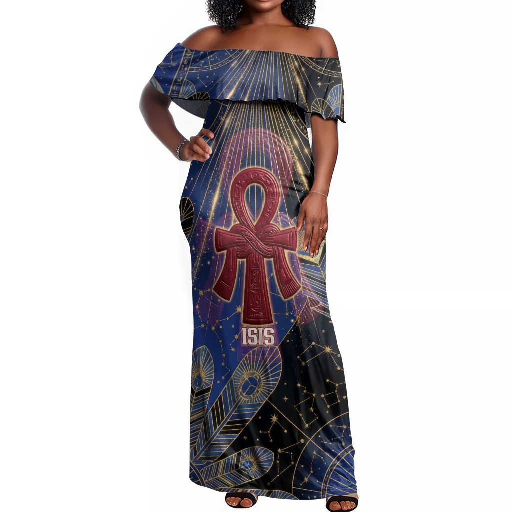 Isis Ankh Symbol Off Shoulder Maxi Dress with Celestial Wings in Ancient Egyptian Cosmic