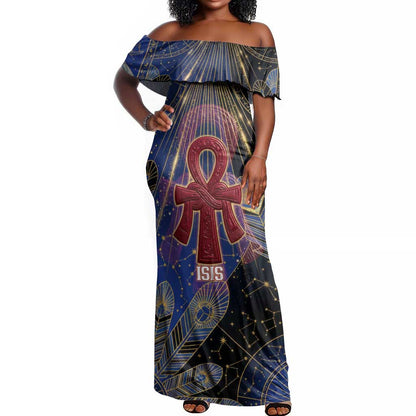 Isis Ankh Symbol Off Shoulder Maxi Dress with Celestial Wings in Ancient Egyptian Cosmic