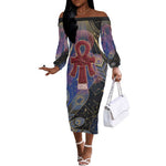 Isis Ankh Symbol Off The Shoulder Long Sleeve Dress with Celestial Wings in Ancient Egyptian Cosmic
