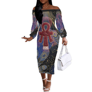Isis Ankh Symbol Off The Shoulder Long Sleeve Dress with Celestial Wings in Ancient Egyptian Cosmic