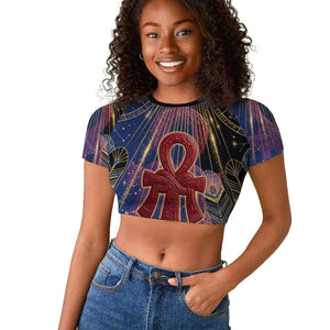Isis Ankh Symbol Raglan Cropped T shirt with Celestial Wings in Ancient Egyptian Cosmic