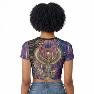 Isis Ankh Symbol Raglan Cropped T shirt with Celestial Wings in Ancient Egyptian Cosmic