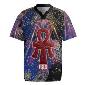 Isis Ankh Symbol Rugby Jersey with Celestial Wings in Ancient Egyptian Cosmic