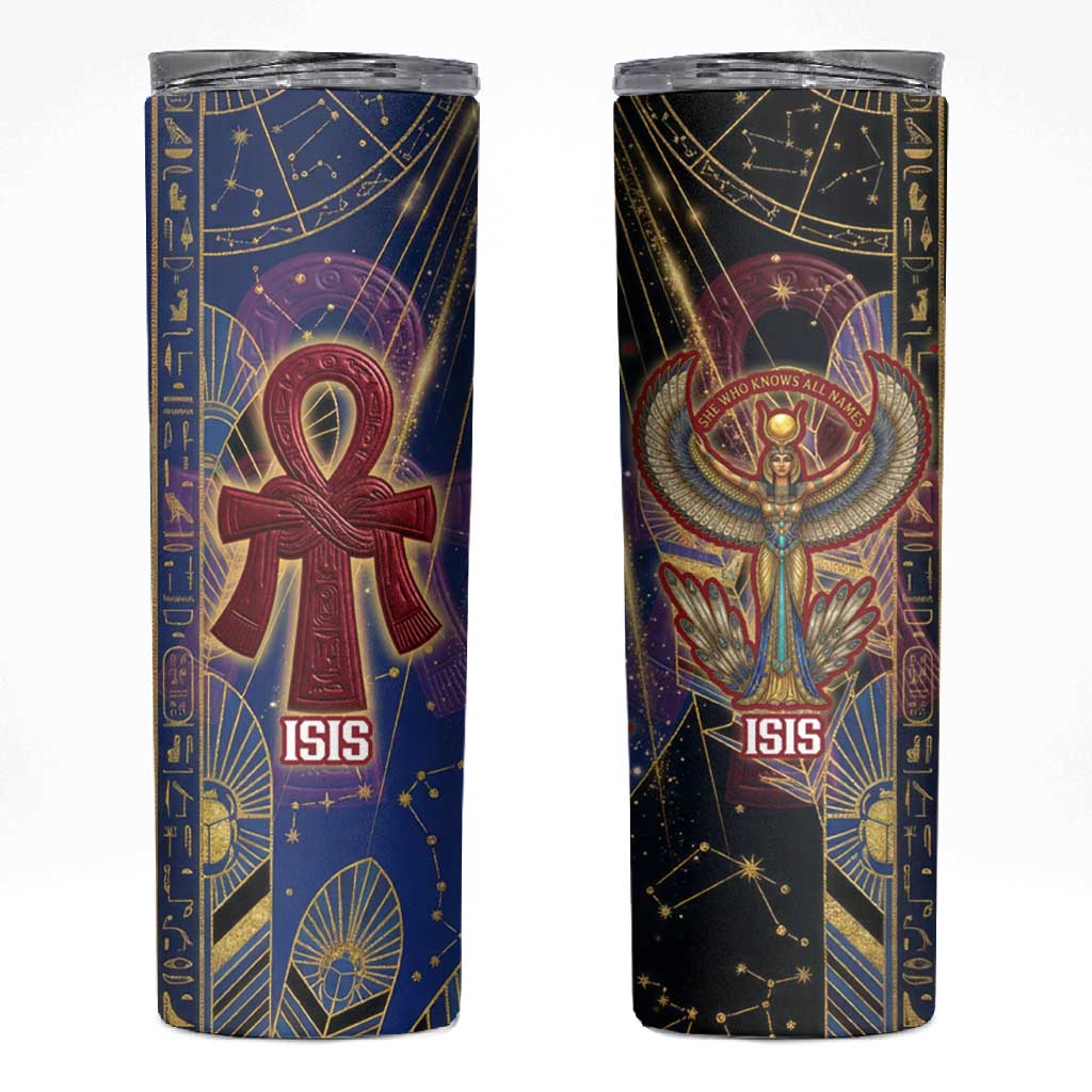 Isis Ankh Symbol Skinny Tumbler with Celestial Wings in Ancient Egyptian Cosmic