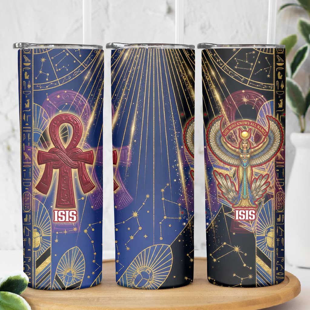 Isis Ankh Symbol Skinny Tumbler with Celestial Wings in Ancient Egyptian Cosmic