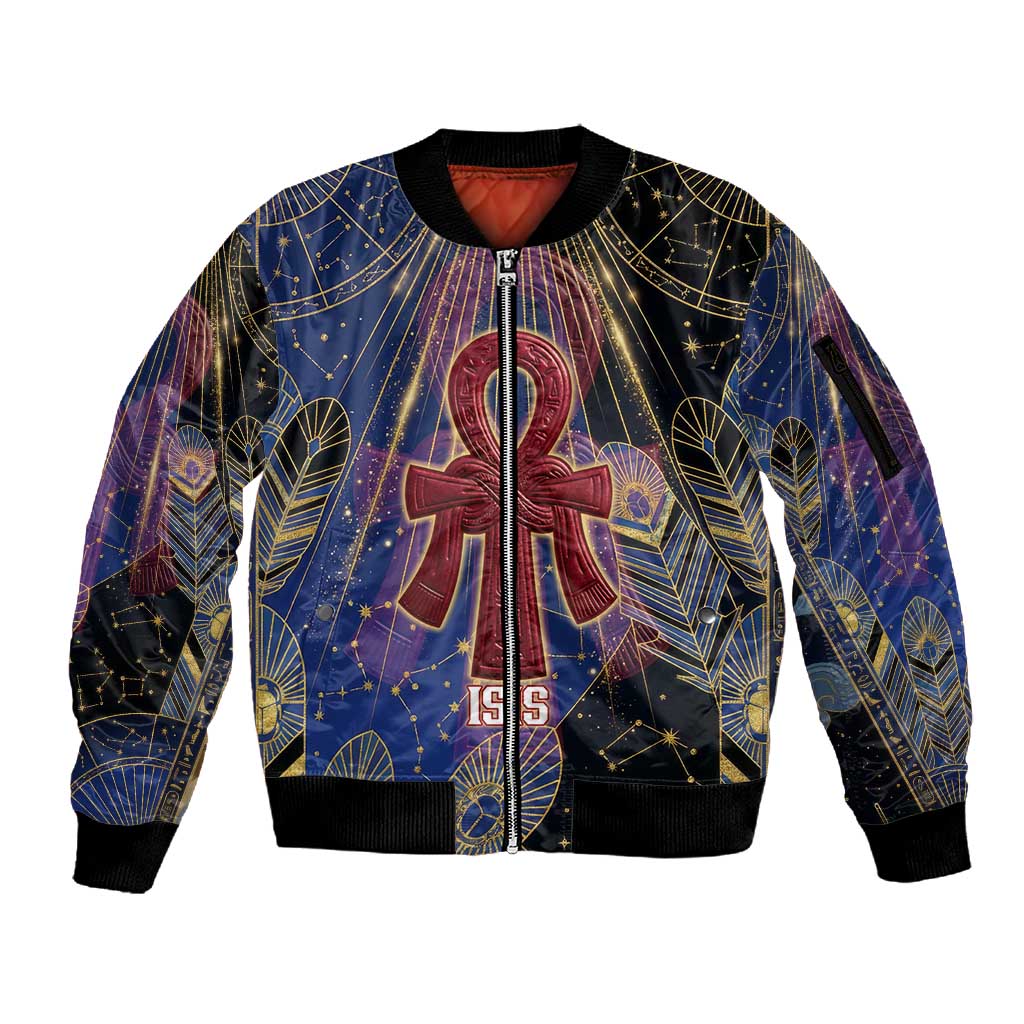 Isis Ankh Symbol Sleeve Zip Bomber Jacket with Celestial Wings in Ancient Egyptian Cosmic
