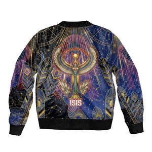 Isis Ankh Symbol Sleeve Zip Bomber Jacket with Celestial Wings in Ancient Egyptian Cosmic