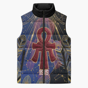 Isis Ankh Symbol Sleeveless Puffer Jacket with Celestial Wings in Ancient Egyptian Cosmic