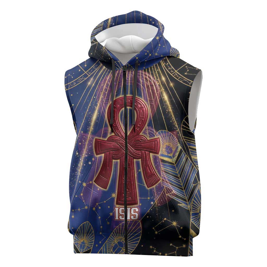 Isis Ankh Symbol Sleeveless Zip Hoodie with Celestial Wings in Ancient Egyptian Cosmic