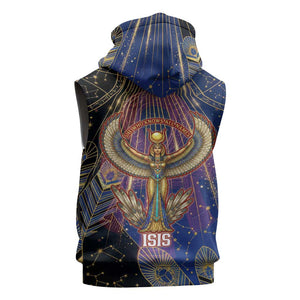 Isis Ankh Symbol Sleeveless Zip Hoodie with Celestial Wings in Ancient Egyptian Cosmic
