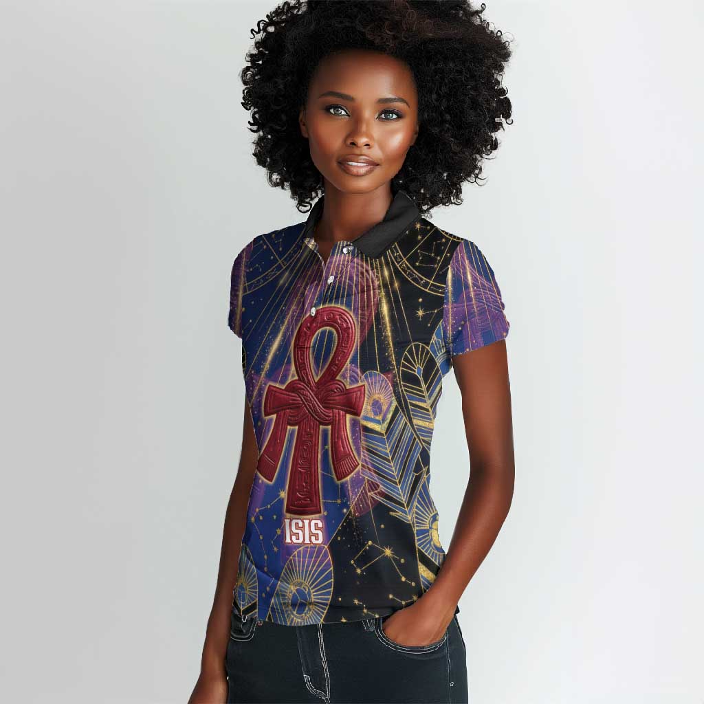 Isis Ankh Symbol Women Polo Shirt with Celestial Wings in Ancient Egyptian Cosmic