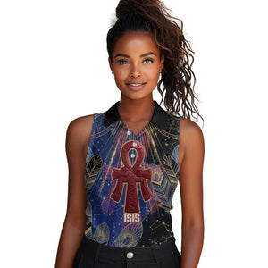 Isis Ankh Symbol Women Sleeveless Polo Shirt with Celestial Wings in Ancient Egyptian Cosmic