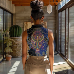 Isis Ankh Symbol Women Sleeveless Polo Shirt with Celestial Wings in Ancient Egyptian Cosmic