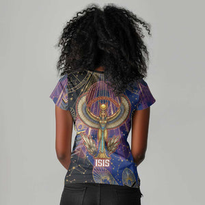 Isis Ankh Symbol Women V-Neck T-Shirt with Celestial Wings in Ancient Egyptian Cosmic