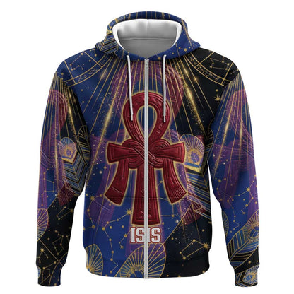 Isis Ankh Symbol Zip Hoodie with Celestial Wings in Ancient Egyptian Cosmic