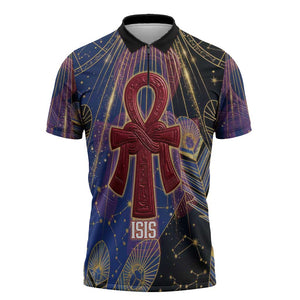 Isis Ankh Symbol Zipper Polo Shirt with Celestial Wings in Ancient Egyptian Cosmic