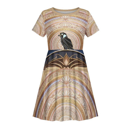 Isis Kid Short Sleeve Dress with Falcon Symbol and Sacred Geometry in Egyptian