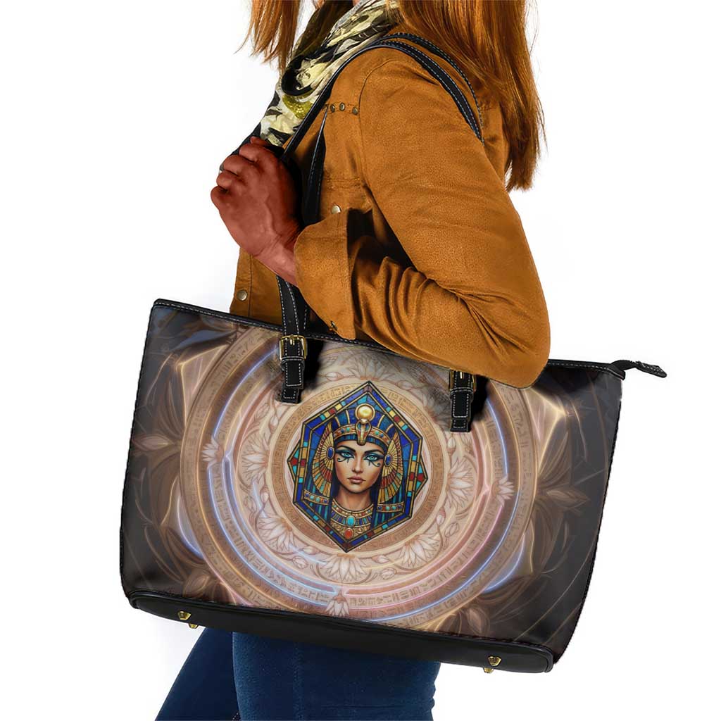 Isis Leather Tote Bag with Falcon Symbol and Sacred Geometry in Egyptian