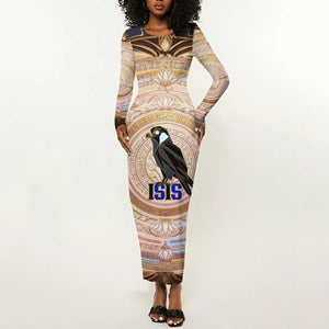 Isis Long Sleeve Bodycon Dress with Falcon Symbol and Sacred Geometry in Egyptian