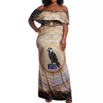 Isis Off Shoulder Maxi Dress with Falcon Symbol and Sacred Geometry in Egyptian